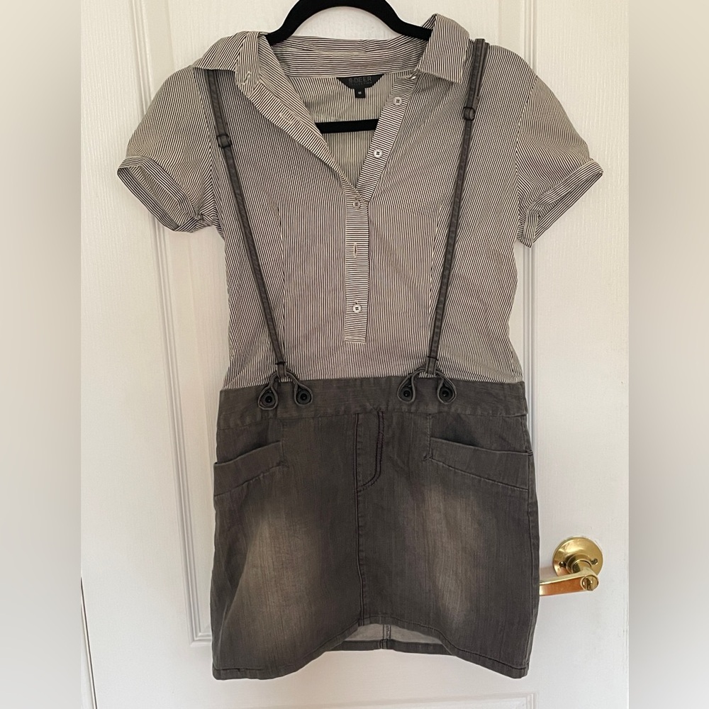 Black and White Striped Short Sleeve Dress with Suspenders